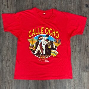 VINTAGE 80'S CALLE OCHO CARNIVAL MIAMI LITTLE HAVANNA T-SHIRT RED MEN'S LARGE